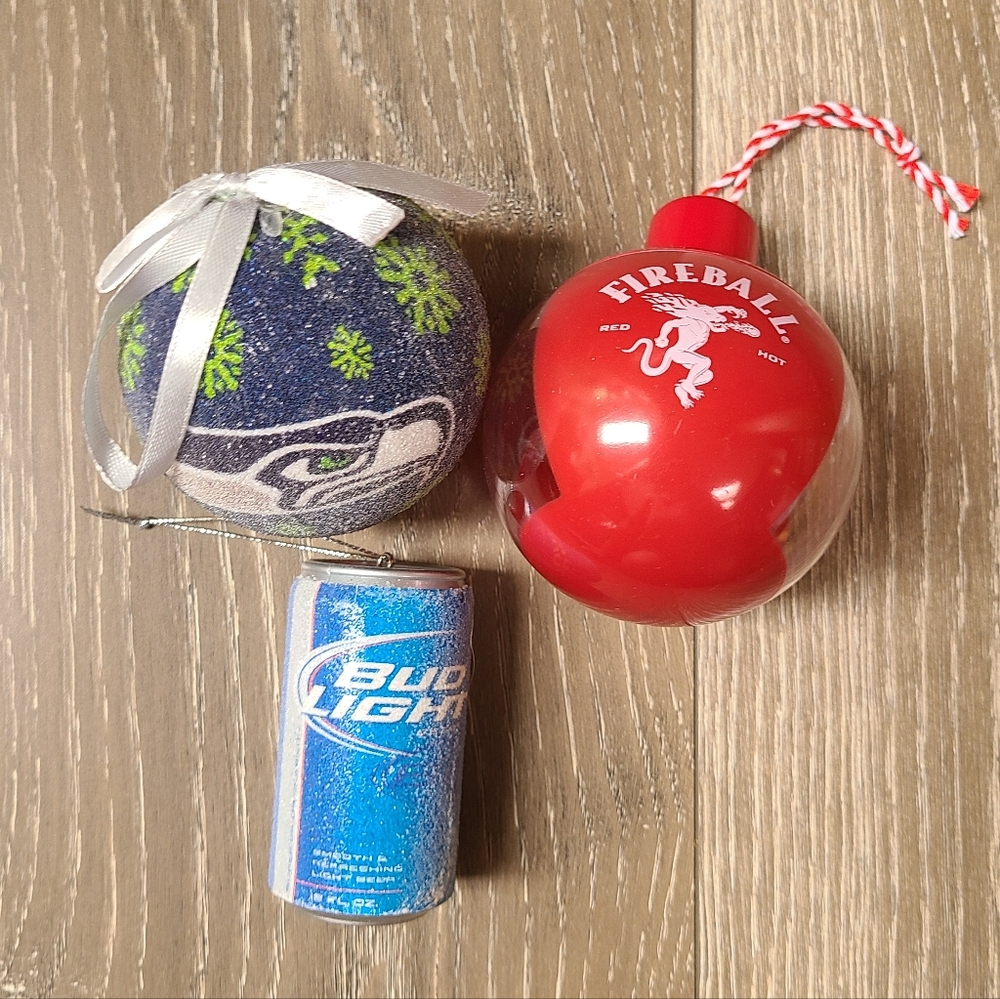 Seahawks, Fireball and Bud Light Christmas Ornaments - set of 3